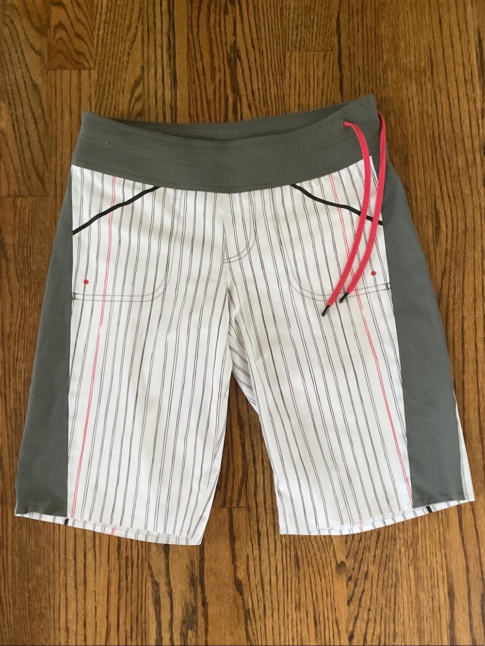 Lululemon Striped Athletic Board Shorts with Gray Panels and Pink Drawcords